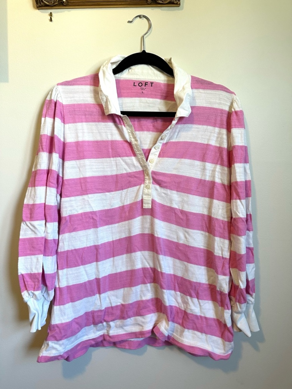 Loft Pink White Stripe Cotton Rugby Polo Shirt Long Sleeve Womens Large